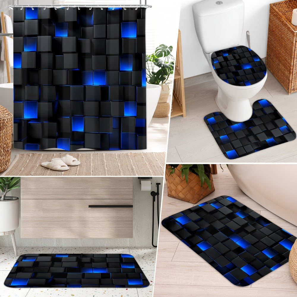 Shower Curtain Set with 12 Hooks & Toilet Seat Cover, 4-Piece Bathroom Set Dark Blue Geometric Abstract Cube Pattern, Modern Waterproof Bath Curtain Set for Bathroom Decor - product image 9