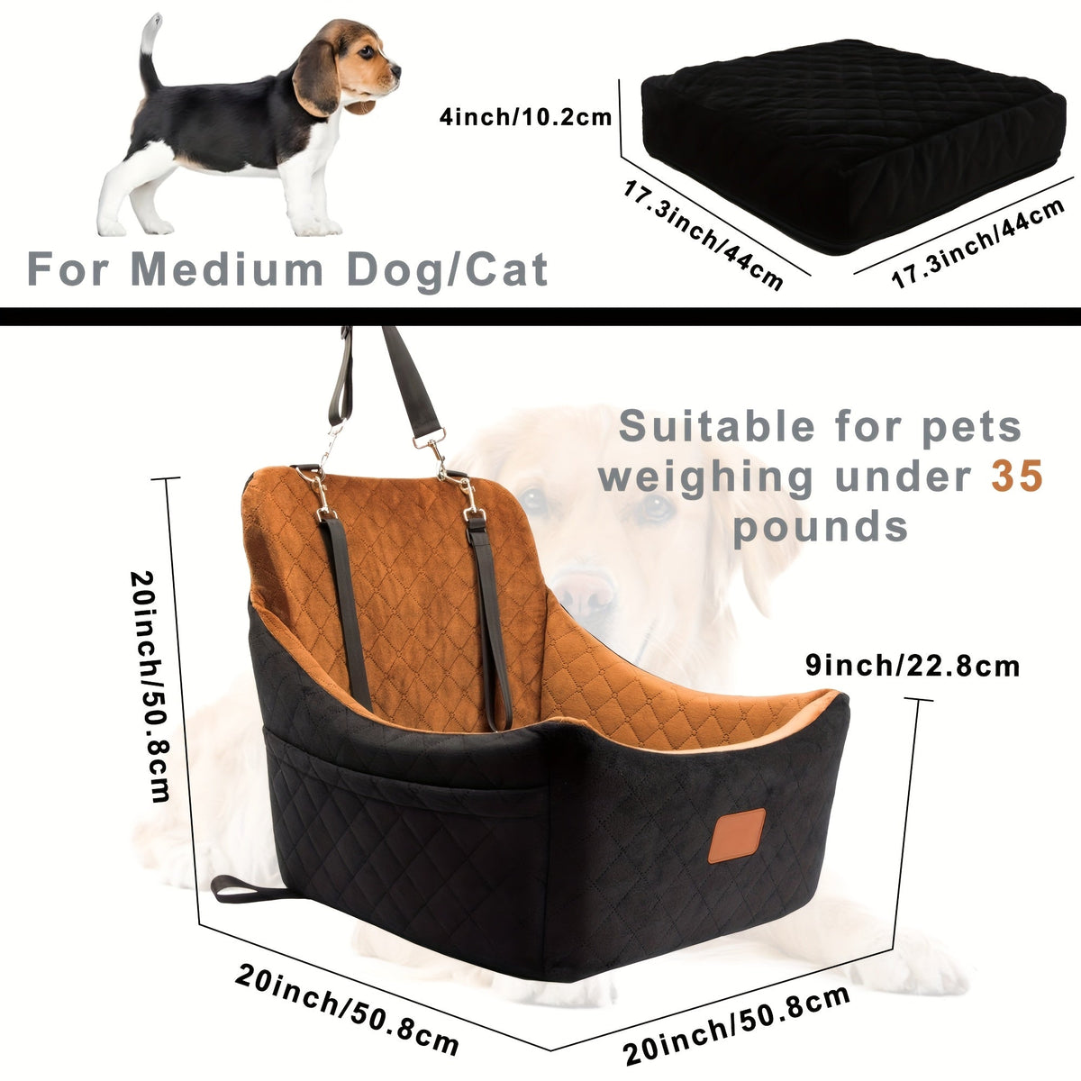 Memory Foam Pet Travel Car Bed with Seat Belt Pass-Through, Adjustable Straps, Removable Washable Cover, Harness Channel & 3-Strap Easy Installation, 4 Colors | Dog Car Seat for Medium & Large Dogs