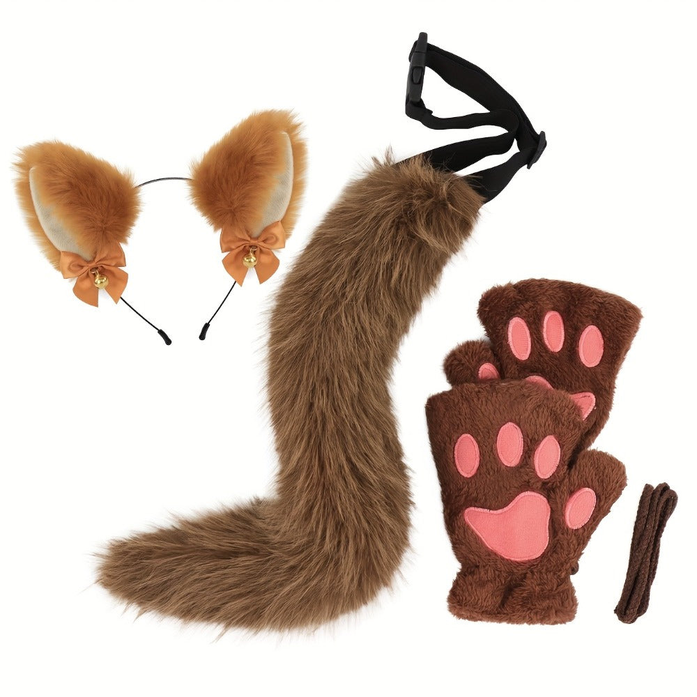 Bell Ear Headband, Plush Paw Gloves & Adjustable Tail for Halloween, Cosplay, Role Play & Stage Performances, Cute Gift for Women Girls, Grey White Brown Pink - product image 7