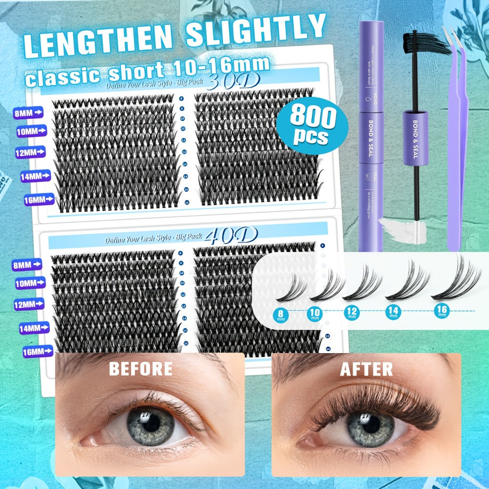 800Pcs Fluffy Wispy Lash Clusters Kit — 30D 40D Mixed Length 8-16mm DIY Eyelash Extensions with 2-in-1 Bond & Seal Glue and Tweezers, Natural Long-Lasting Cluster Lashes for Everyd - product image 2