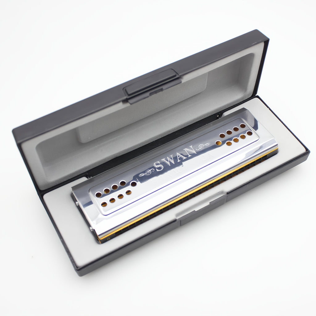 Swan 24-Hole C&G Tuned Diatonic Harmonica, Double-sided Metal with Polished Finish, Includes Cleaning Cloth and Box (Cleaning Cloth Color May Vary) - Swan Harmonica for Beginners and Professionals