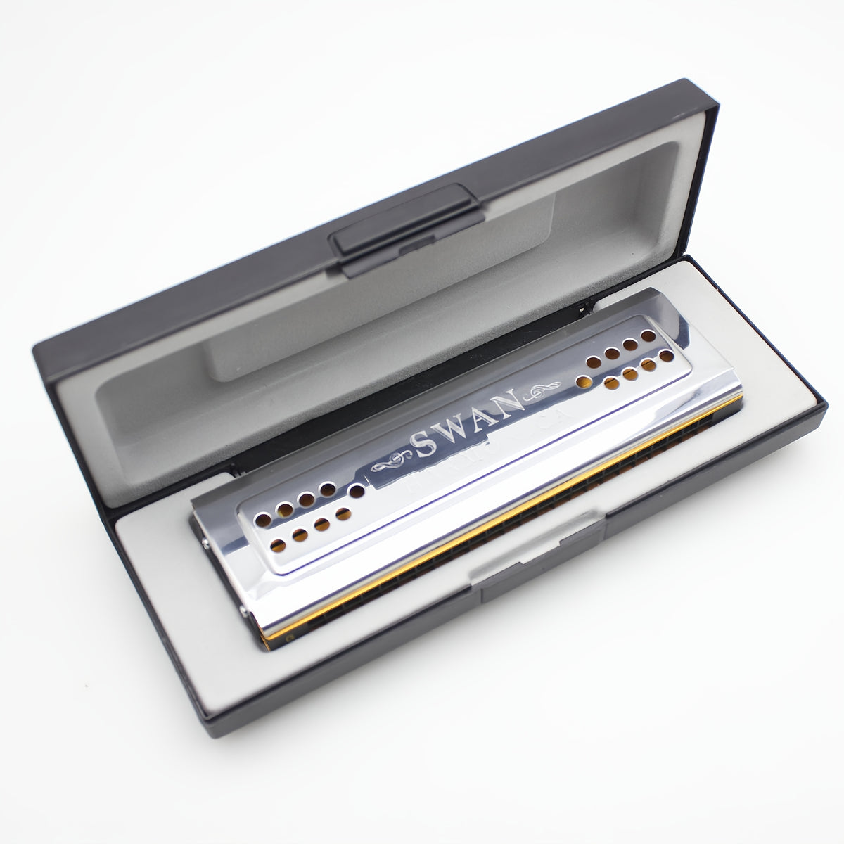 Swan 24-Hole C&G Tuned Diatonic Harmonica, Double-sided Metal with Polished Finish, Includes Cleaning Cloth and Box (Cleaning Cloth Color May Vary) - Swan Harmonica for Beginners and Professionals