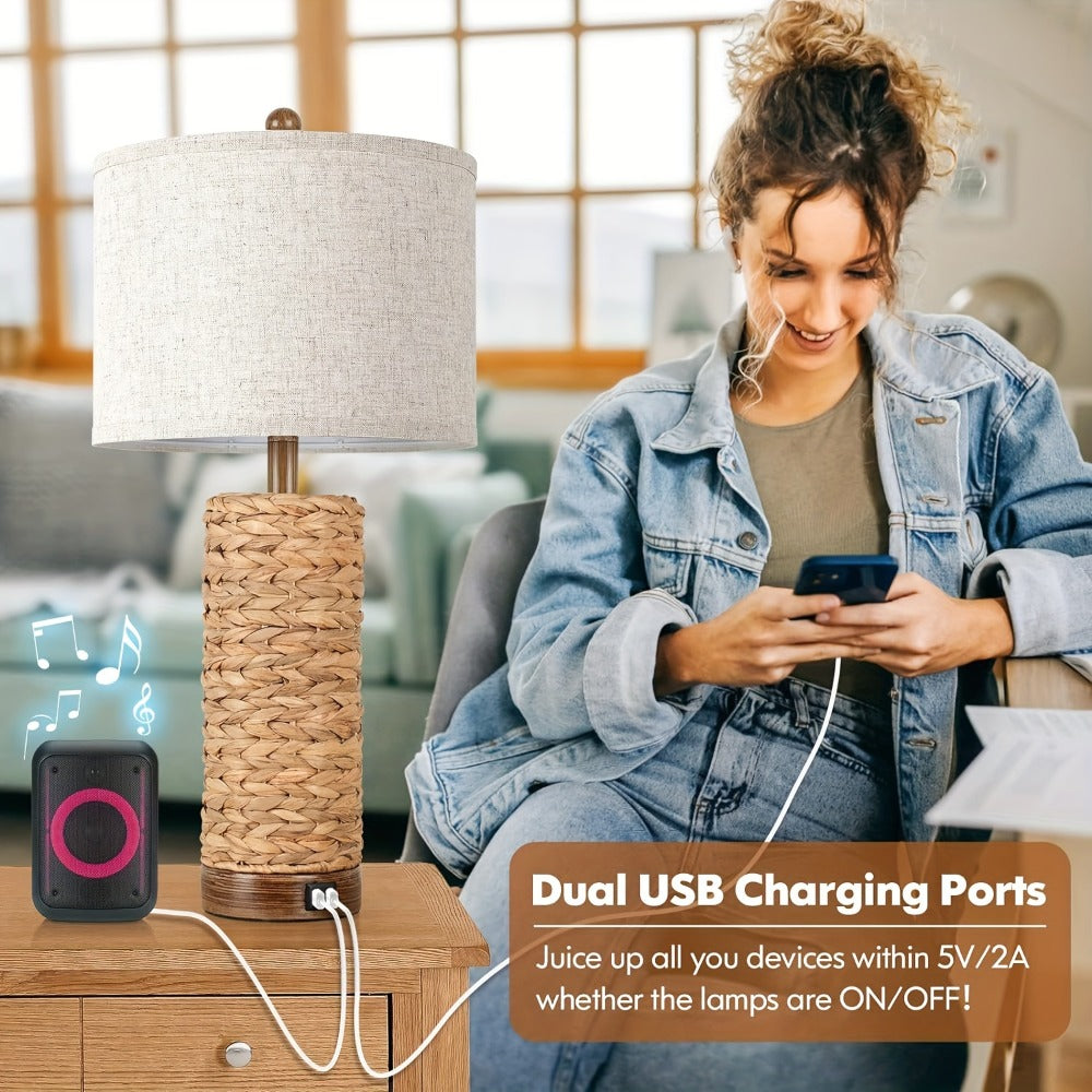 Rattan Table Lamp Set of 2 with USB Ports - 27 Inch Tall Woven Seagrass Bedside Nightstand Lamps for Living Room Bedroom End Table, Coastal Farmhouse Rustic Decor, E26 Socket Rotar - product image 6