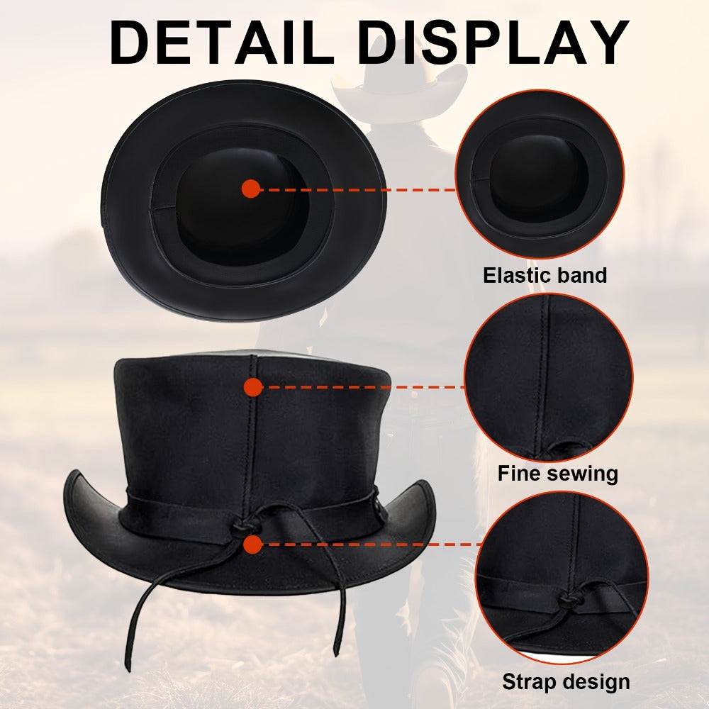 Genuine Leather Top Hat Steampunk | Shapeable Wide Brim Gentleman Hat for Men Women, Halloween Costume Topper, Deadman Victorian Derby Hat, Handcrafted Top-Grain Leather, Black, Sizes S-3XL