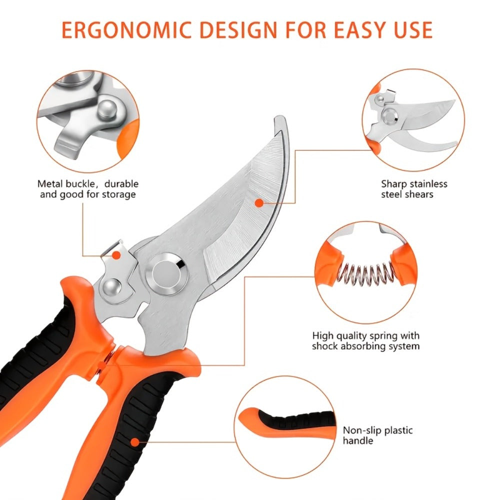 Gardening Pruning Tool Set 8 Piece Stainless Steel | Pruning Shears Scissors Pliers Ergonomic Handle with Wiping Cloth | Lawn Tree Garden Care Kit Orange Yellow Green - product image 4