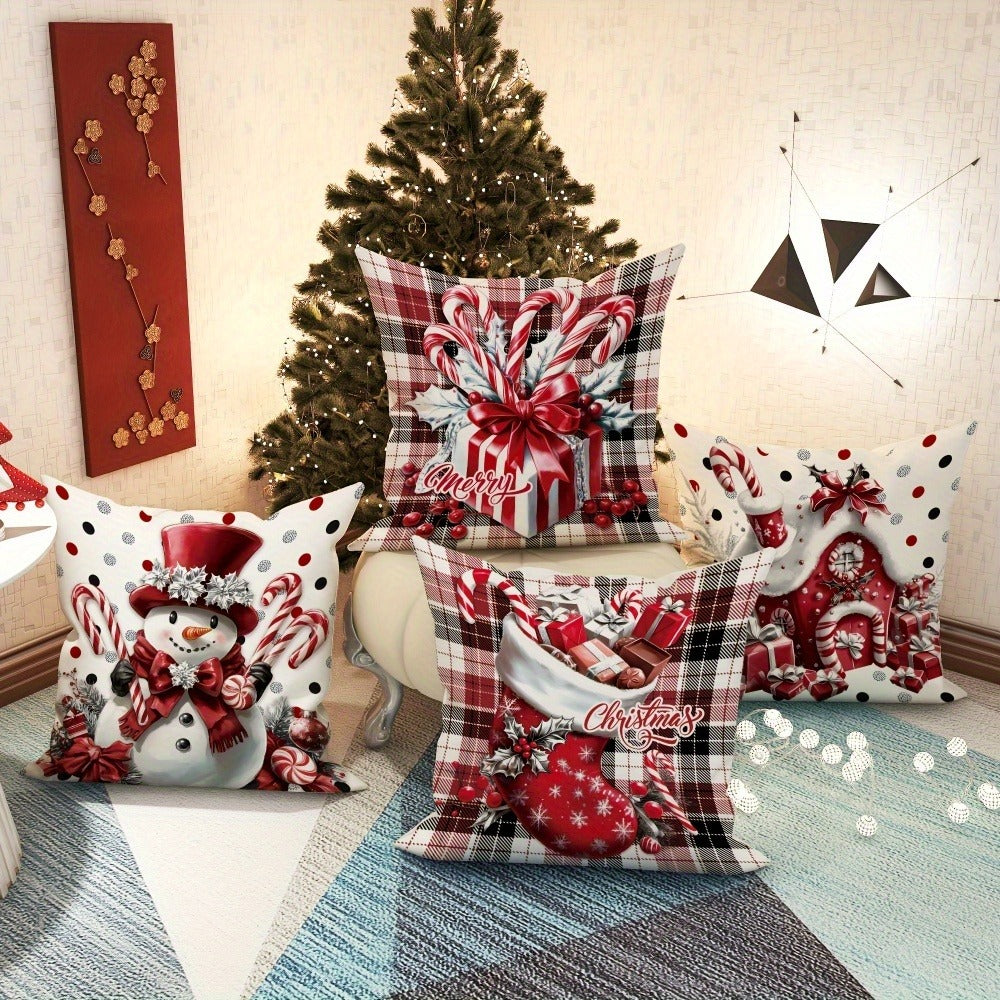 Christmas Throw Pillow Covers 4pcs Set - Snowman Candy Cane Buffalo Plaid Polyester 18x18in Decorative Cushion Covers with Zipper for Holiday Winter Living Room Bedroom Sofa Bed De - product image 6