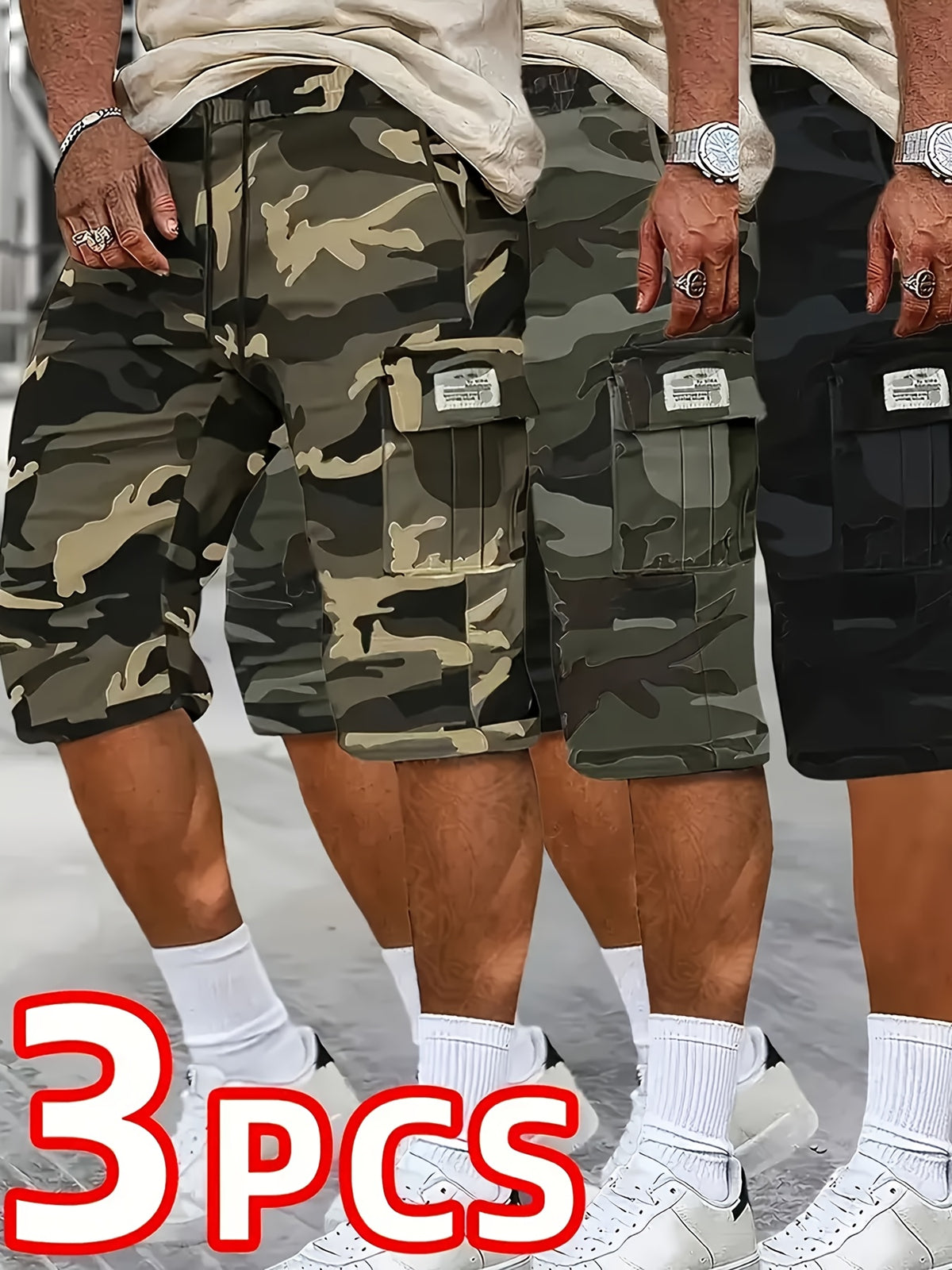 [Father's Day Gift Choice] 3pcs Camo Cargo Shorts for Men, Knee-Length Shorts with Flap Pockets and for Hiking, Hunting, Fishing, Work Shorts for All Outdoors - product image
