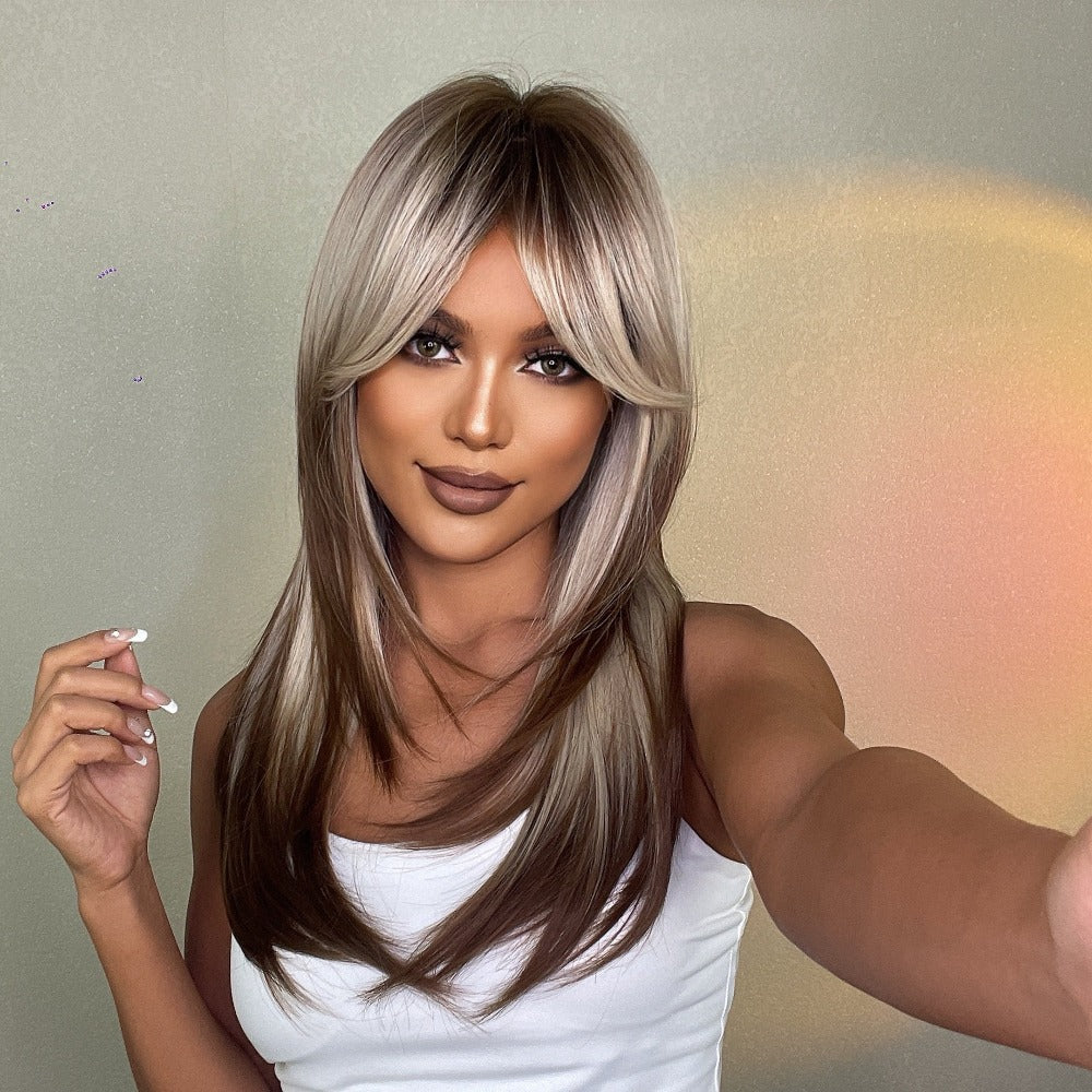 Straight Wig with Bangs Highlight Brown 22 Inch Rose Net Cap High Temperature Silk Matte Finish | Long Straight Women Daily Wear Party Office - product image