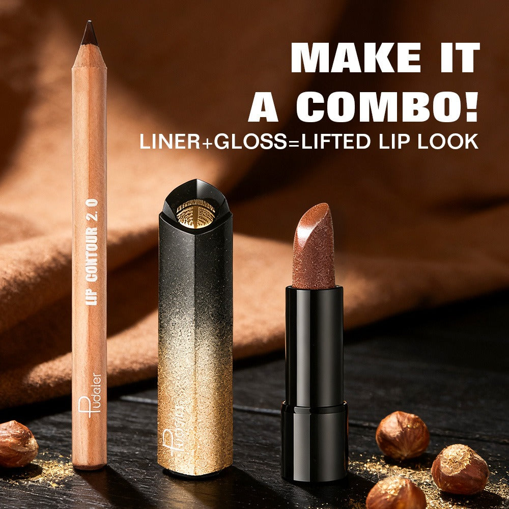 Golden Lipstick Set with Lip Liner Pencil 2 Piece — Brown Shimmer Lipstick and Nude Lip Liner, Viral Fall Makeup Kit Luxury Press Gold Lip Color for Women, Perfect Beauty Gift - product image 8