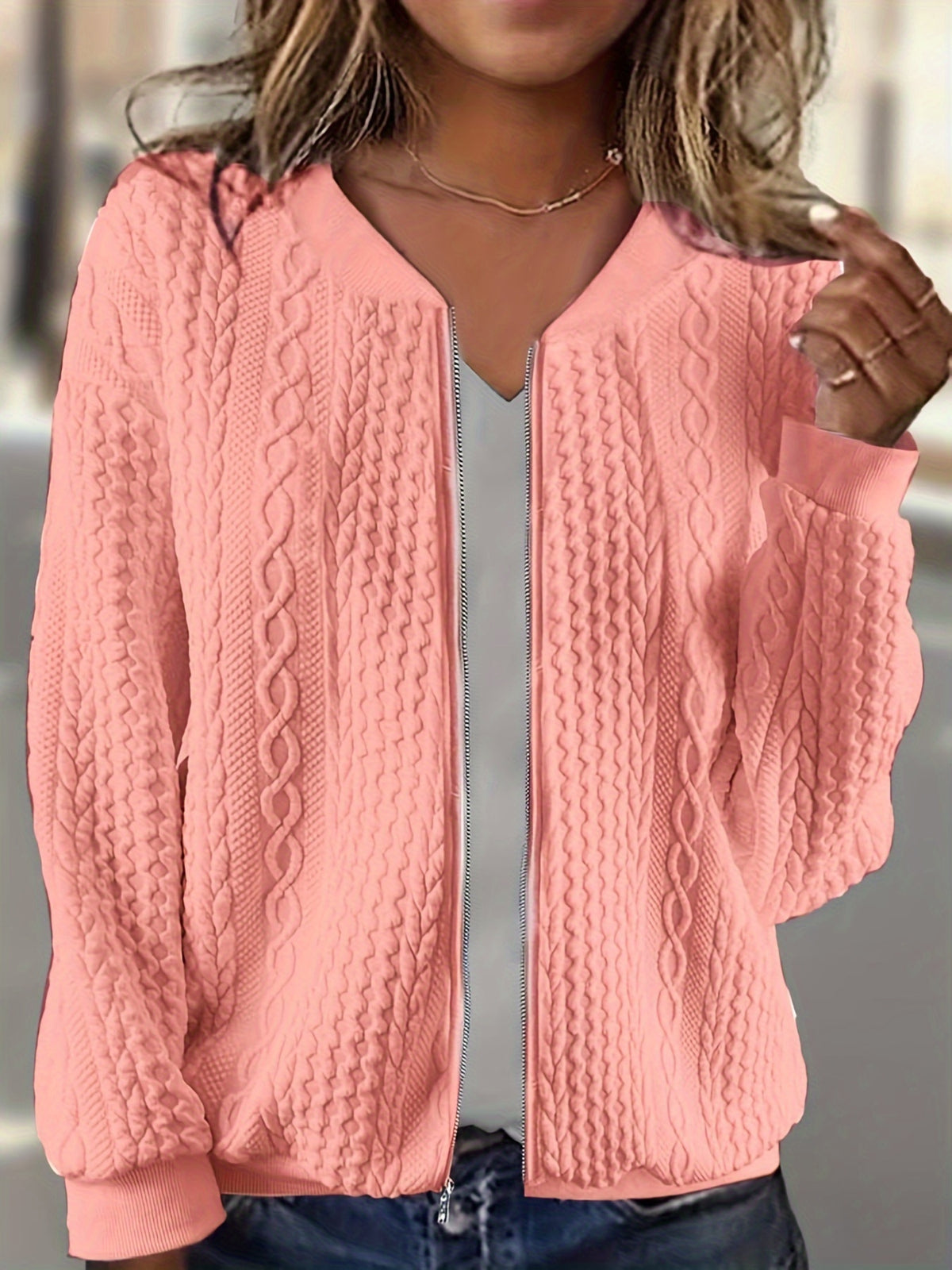 Plus Size, Plus Size Zip Up Textured Solid Jacket, Casual Long Sleeve Outerwear for Fall & Spring, Women's Plus Size Clothing - product image 15