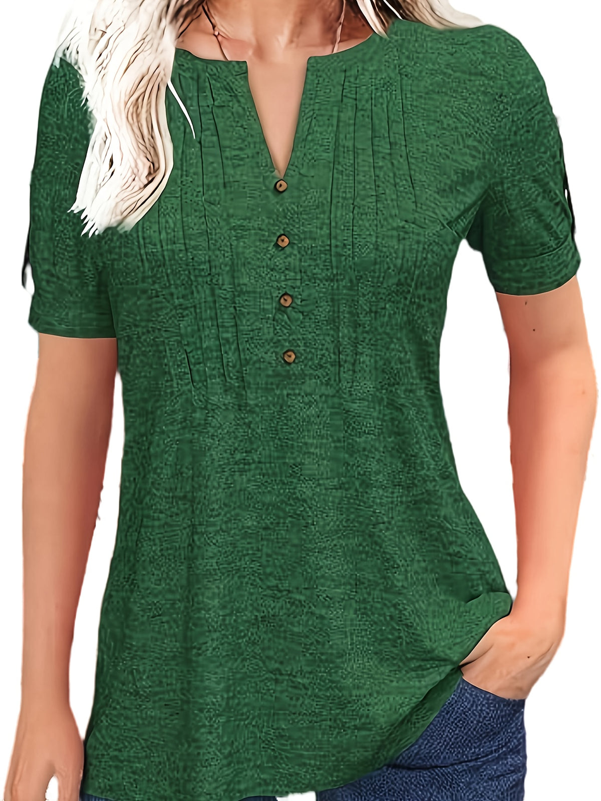Casual Short-Sleeve T-Shirt for Women, Featuring a Pleated Design and V-Neck in Solid Colors, Perfect for Summer - product image 22