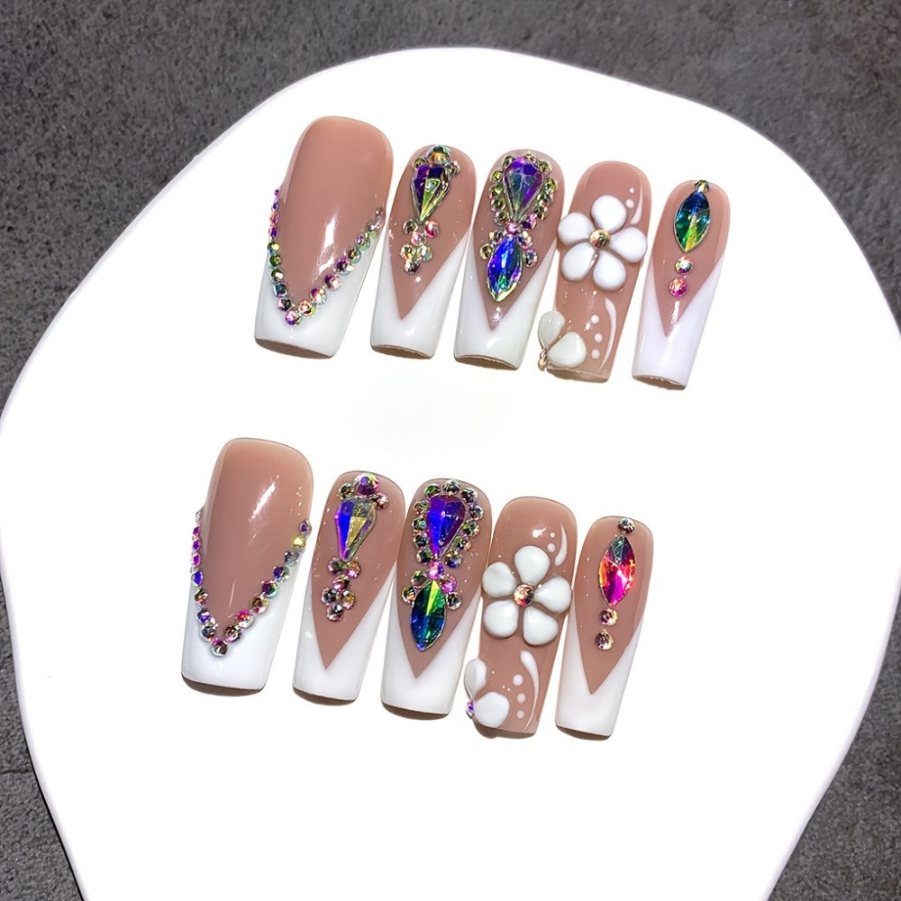 Press On Nails Square French Tip with AB Rhinestone & Handcrafted Floral Design – Nude White Glossy Luxury Nail Set 10pcs S/M/L for Wedding Bridal Party - product image