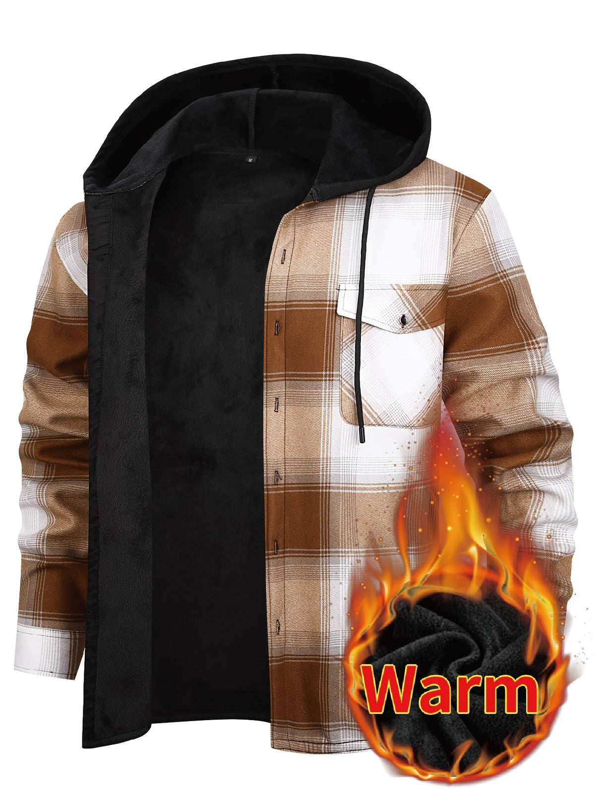 Men's Hooded Plaid Shirt Jacket with Flannel Lining - Thickened Winter, Button Front, Black/White/Gray/Beige Plaid, Euro/American Sizing, Casual Outdoor - product image 2
