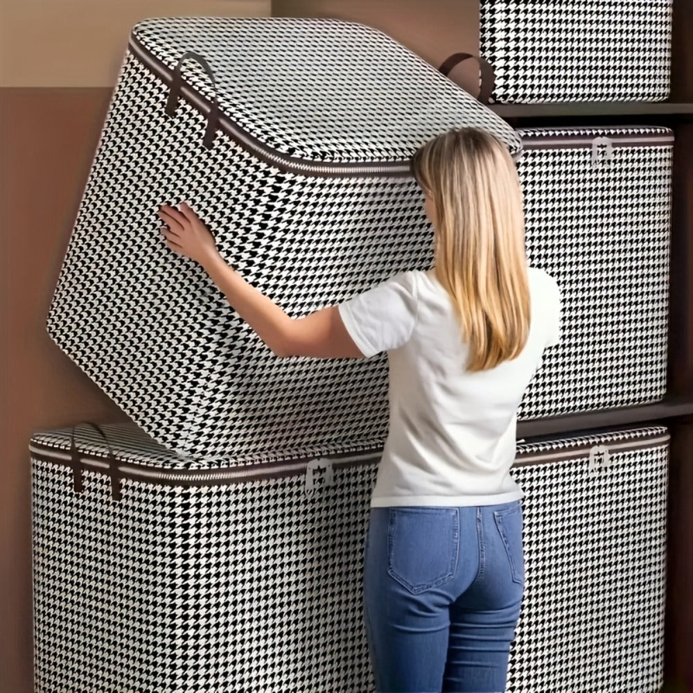 Large Storage Bags Houndstooth Non-Woven Fabric Organizer with Double Zipper & Handles – 160L/180L Dustproof Foldable Storage Box for Bedroom, Closet, Moving, Travel & Dorm, 1pc or - product image