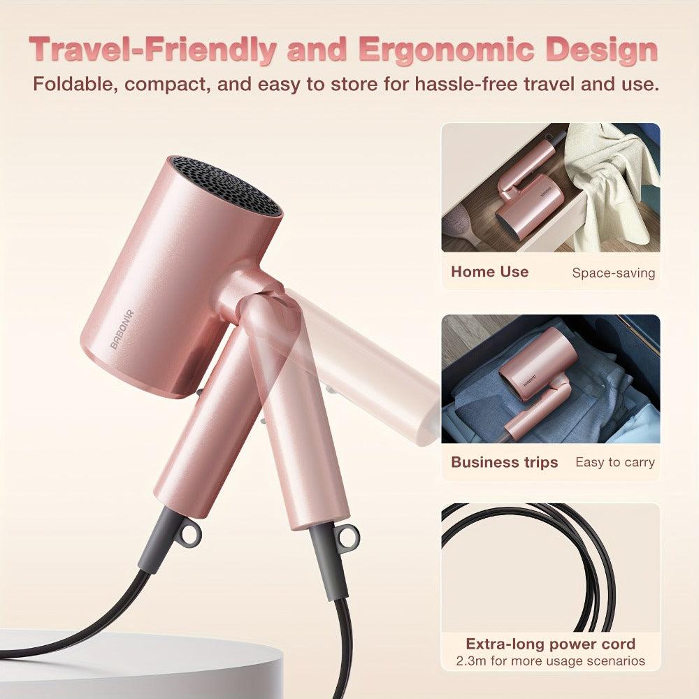1875W Ionic Travel Hair Dryer Foldable with Diffuser & Concentrator Nozzle — Brushless Motor, 3 Heat Settings, 2 Speeds, Fast Drying Compact Blow Dryer for All Hair Types, Pink or  - product image 14