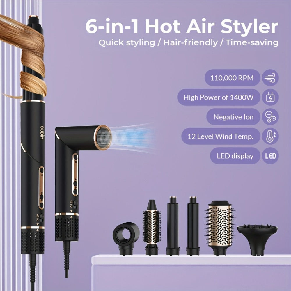 Hot Air Brush 6-in-1 Negative Ion Hair Dryer Brush & Styler 110000 RPM High-Speed Blow Dryer with Curling Iron Straightener Auto-Winding Curler Foldable Handle Storage Bag - product image 12