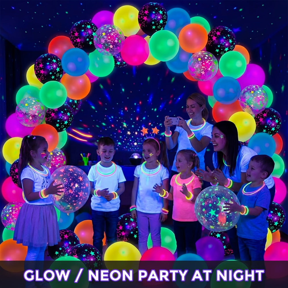 UV Neon Glow Balloons 42 Pcs Assorted | 12 Inch Blacklight Fluorescent Glow in the Dark Balloons with Neon Stars for Glow Party, Birthday, Wedding & Halloween Decorations