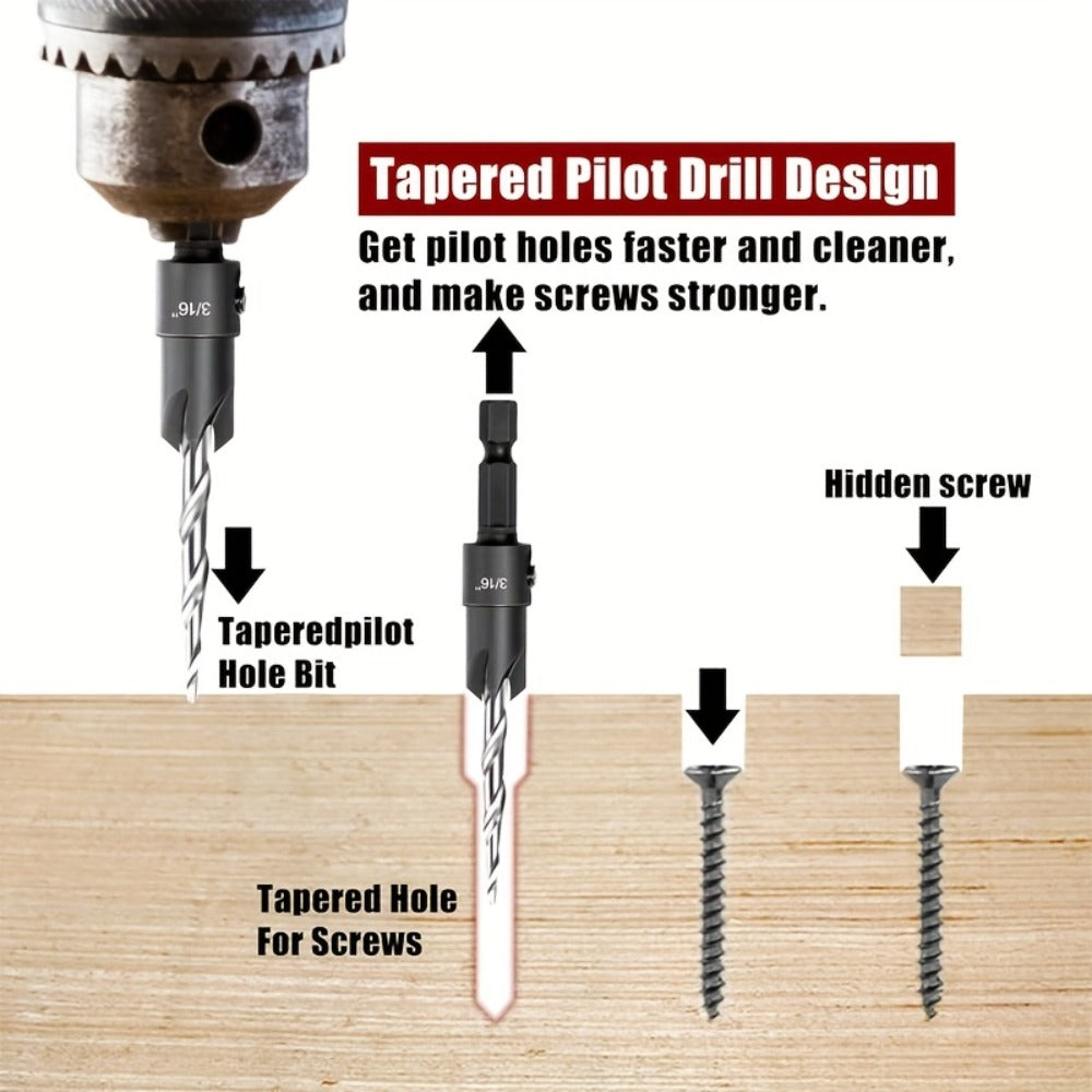 5pcs Countersink Drill Bit Set #4 #6 #8 #10 #12 Tapered with 1/4" Hex Shank Quick-Change – Adjustable Wood Counter Sinker Bits with Allen Wrench for Woodworking - product image 7