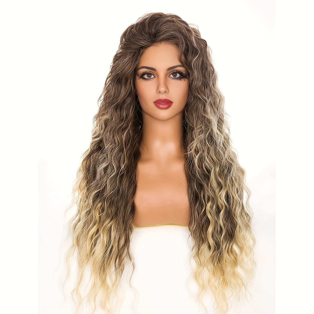 Ombre Dark Root Curly Wig Long Wavy 30 Inch Synthetic Middle Part Ash Blonde Brown Gradient Orange Voluminous Party Halloween Daily Wear Women - product image 17