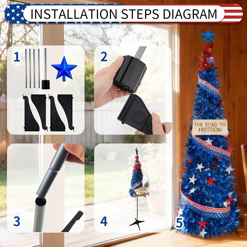 4th of July Decorative Tree 5ft LED Light, Foldable Patriotic Stars & Stripes Blue Christmas Tree with Red White Blue LED String Lights, Independence Day Party Decoration & Summer  - product image 9