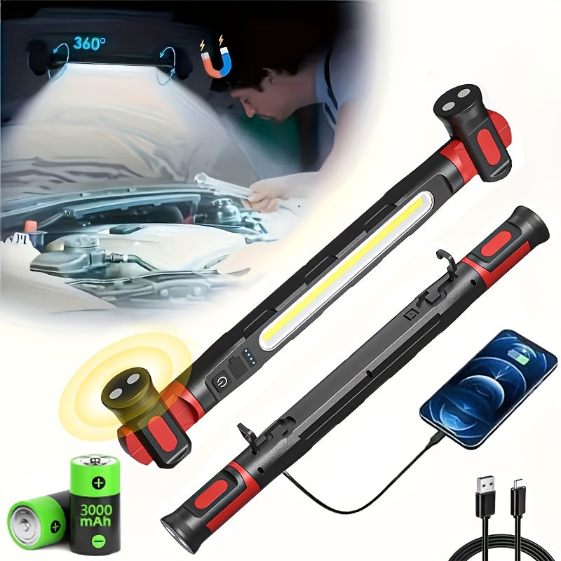 Mechanic Work Light with Magnetic Base & Hook | LED Engine Compartment Light with Red & Blue Warning Lights | Durable Work Site Lighting for Automotive Repair, Garage & Workshop