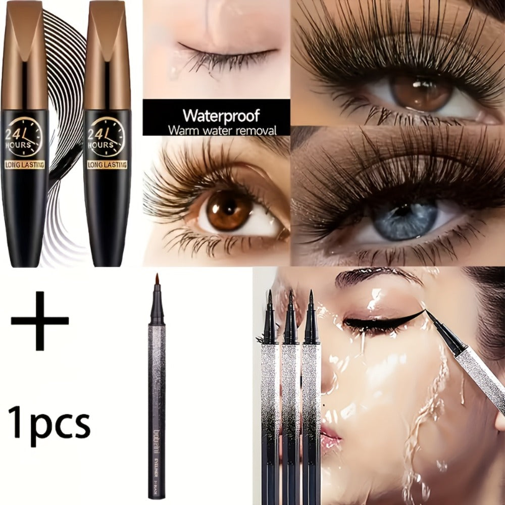 8D Fiber Mascara Set 2 Pcs Volumizing Lengthening Smudge-Proof Waterproof Long-Lasting Lash Extension Enhancer with Eyeliner Pencil Bold Black Eye Makeup Gift for Her - product image 20
