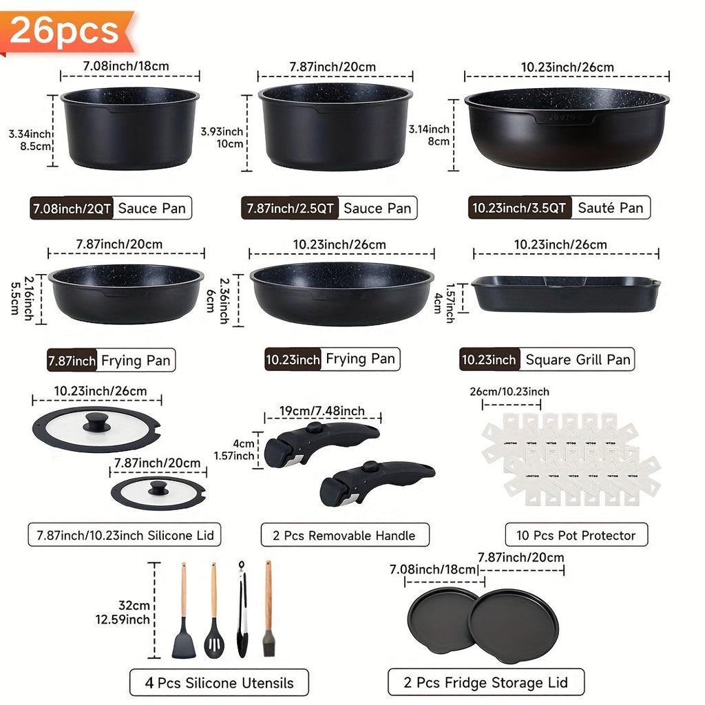 Detachable Handle Cookware Set 16 & 26 Piece Non-Stick PFOA-Free – Stackable Space-Saving Pots and Pans | Oven Safe 480°F Induction Compatible | RV Camping Kitchen Cooking Set in B - product image 24