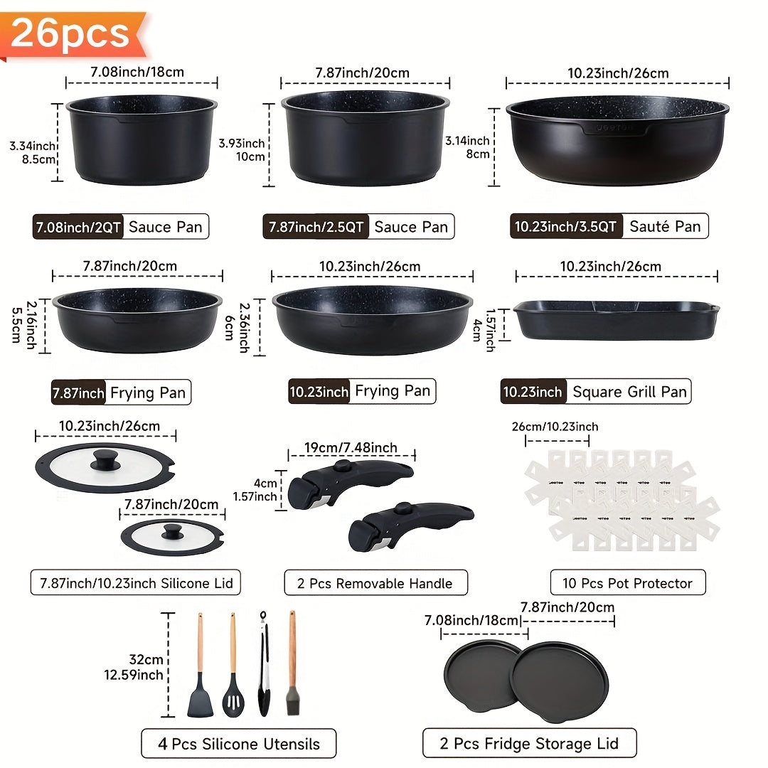Detachable Handle Cookware Set 16 & 26 Piece Non-Stick PFOA-Free – Stackable Space-Saving Pots and Pans | Oven Safe 480°F Induction Compatible | RV Camping Kitchen Cooking Set in B - product image 24
