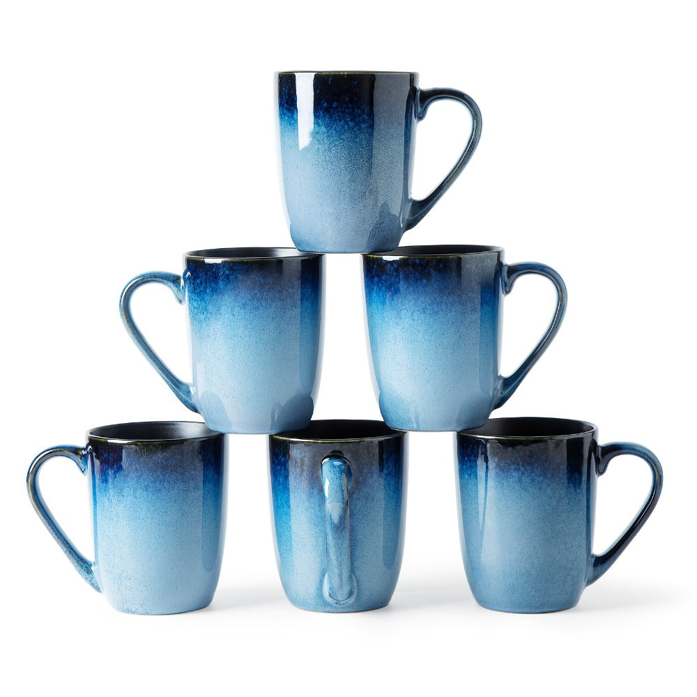 Gradient Blue Ceramic Mugs Set of 6 – 14 Oz Reaction Glaze Coffee Mugs – Durable Stain-Resistant Unique Design – Perfect for Coffee, Tea & Gifting at Weddings, Parties & Holidays - product image