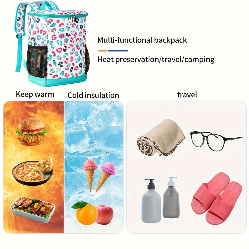 Insulated Cooler Backpack 30-Can Capacity – Leopard Print Carry-along Lunch Bag with Mesh Side Pockets & Adjustable Straps – Camping – Leakproof Thermal Cooler for Beach – Picnics – Hiking & Outdoor Travel