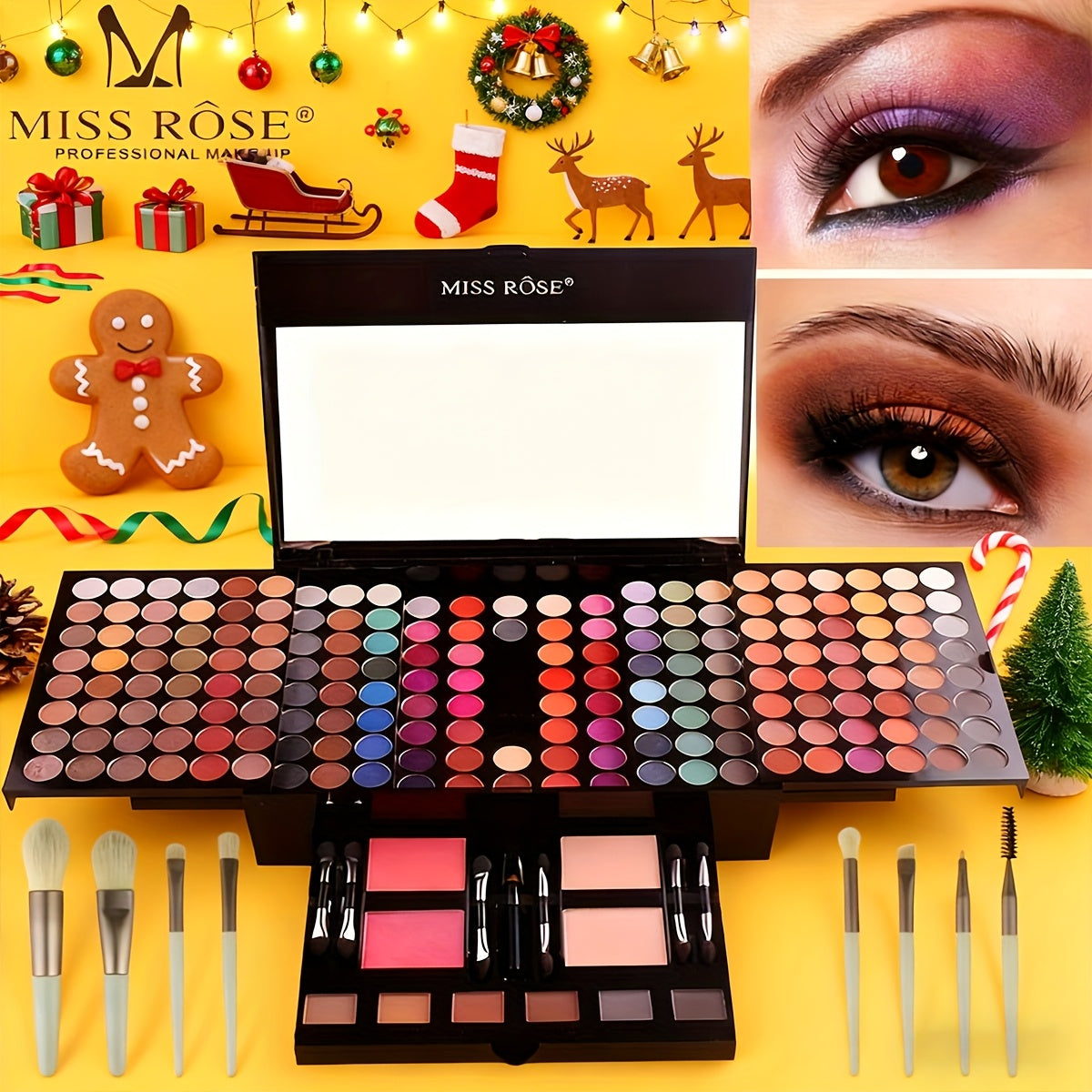 Makeup Palette Kit 190 Colors 4-in-1 Full Face Set – Eyeshadow Blush Powder & Eyebrow with 8 Professional Brushes & Mirror, Shimmer & Matte Shades, Complete Makeup Kit for Women Gi - product image 15