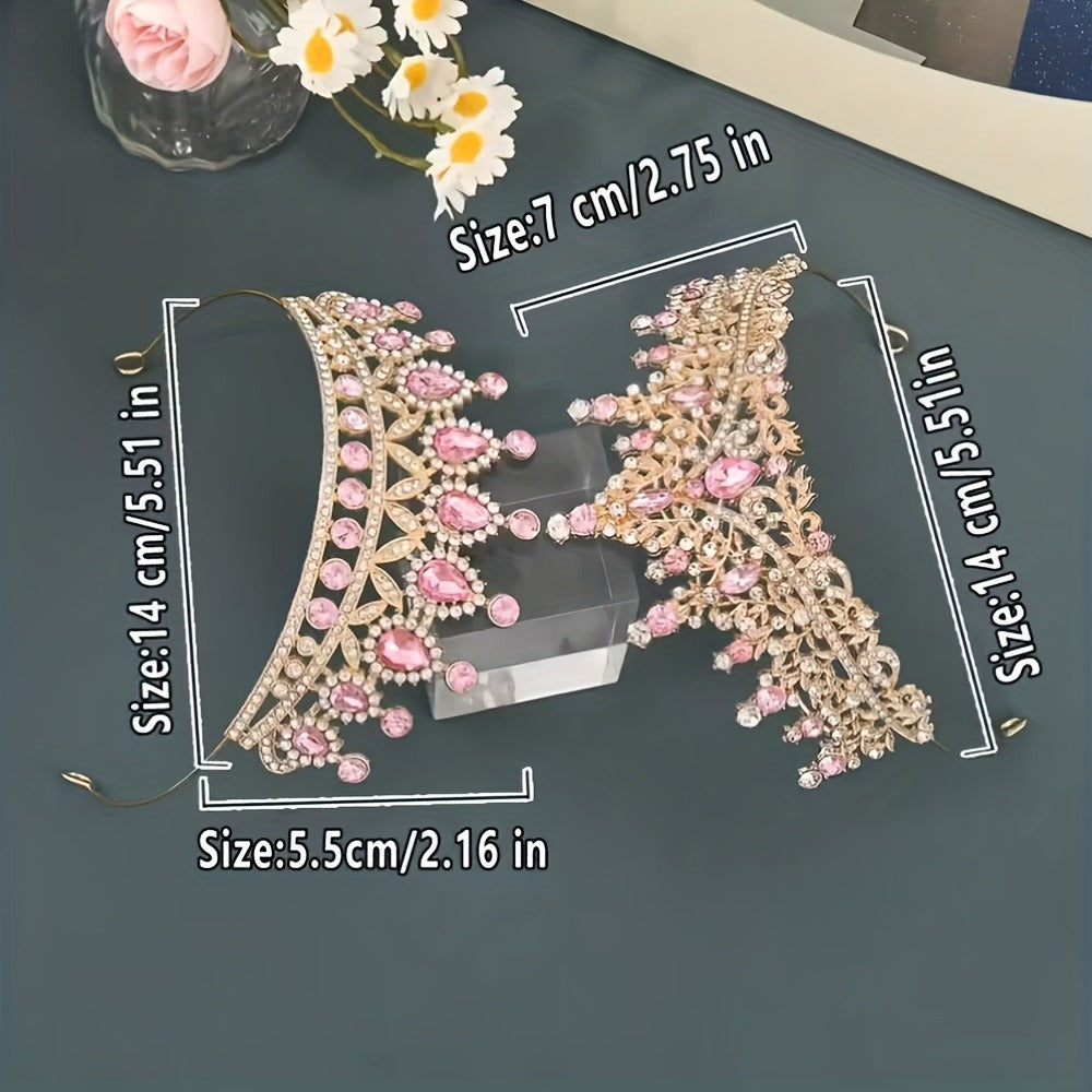 Baroque Style Tiara Headwear for Girls Women Birthday Party Prom Dance Wedding Halloween Costume Accessory Dress Up | Princess Crown with Pink Gemstones 2pcs Set