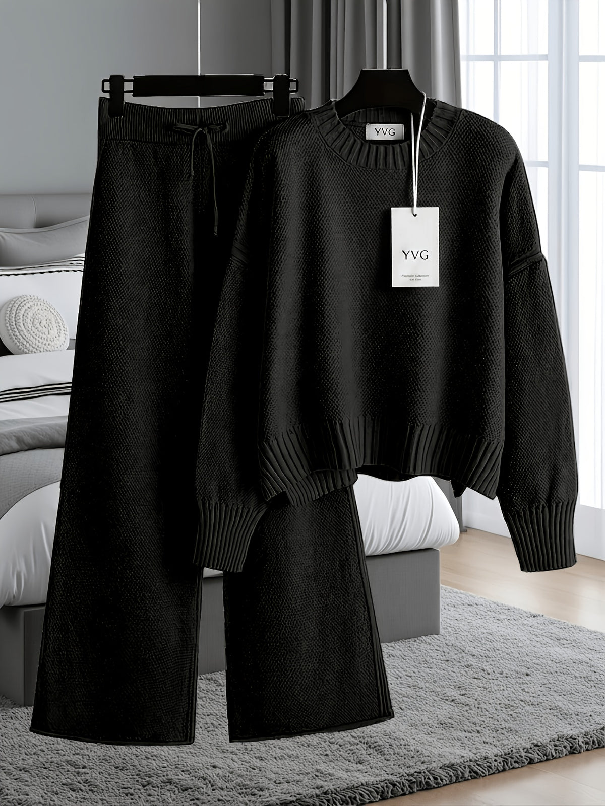 Authentic - Women's Early Autumn Comfortable and Breathable Waffle Texture Two-Piece Set: Round Neck Shoulder- Long Sleeve Hoodie, High-Waist Wide-Leg - product image 40