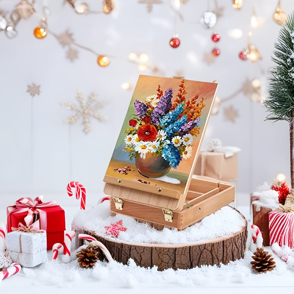 Plein Air Painting Set 14 Piece – Complete Outdoor Art Kit for Artists Adults Beginners – Carry-along Sketch Box with Adjustable Wooden Tabletop Easel Paint Canvas Tray 4 Brushes & Palette Knife