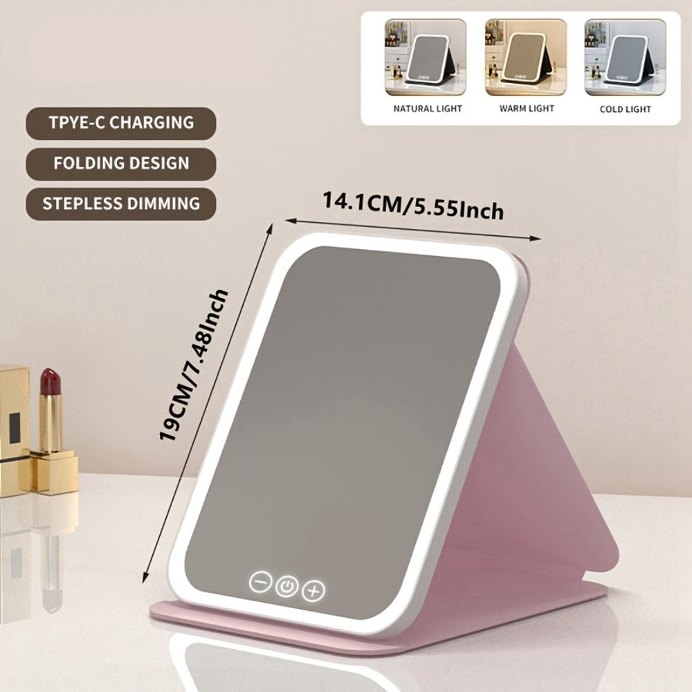 Portable LED Makeup Mirror Folding with Touch Screen - USB Rechargeable Vanity Mirror, Tri-Color Dimmable Lighting, Travel Desk Tabletop, Square or Round Shape, Pink or White, Cord - product image 11