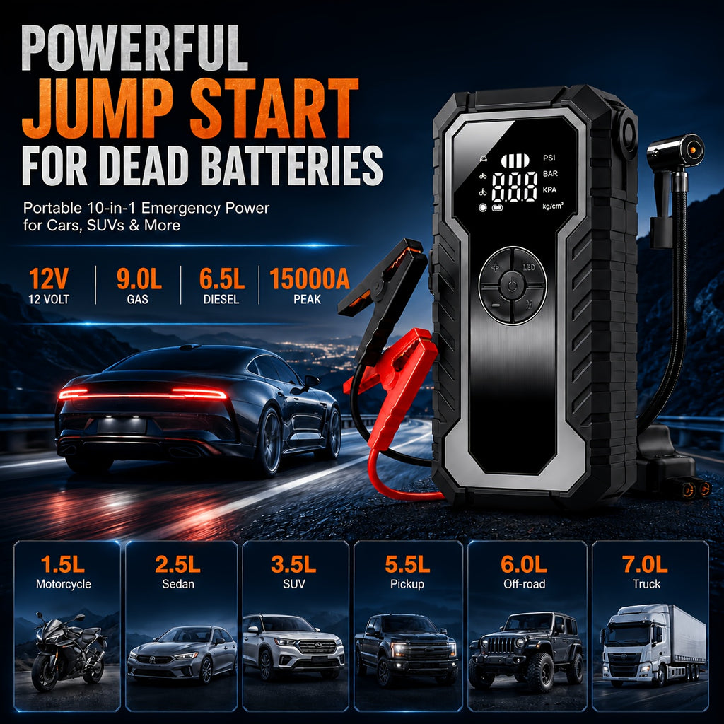 Portable Tire Inflator with Digital Pressure Gauge, Portable Air Compressor, 150PSI/210 PSI, 22 Cylinders, Built-In 12V Car Emergency Jump Starter and Battery - product image 8