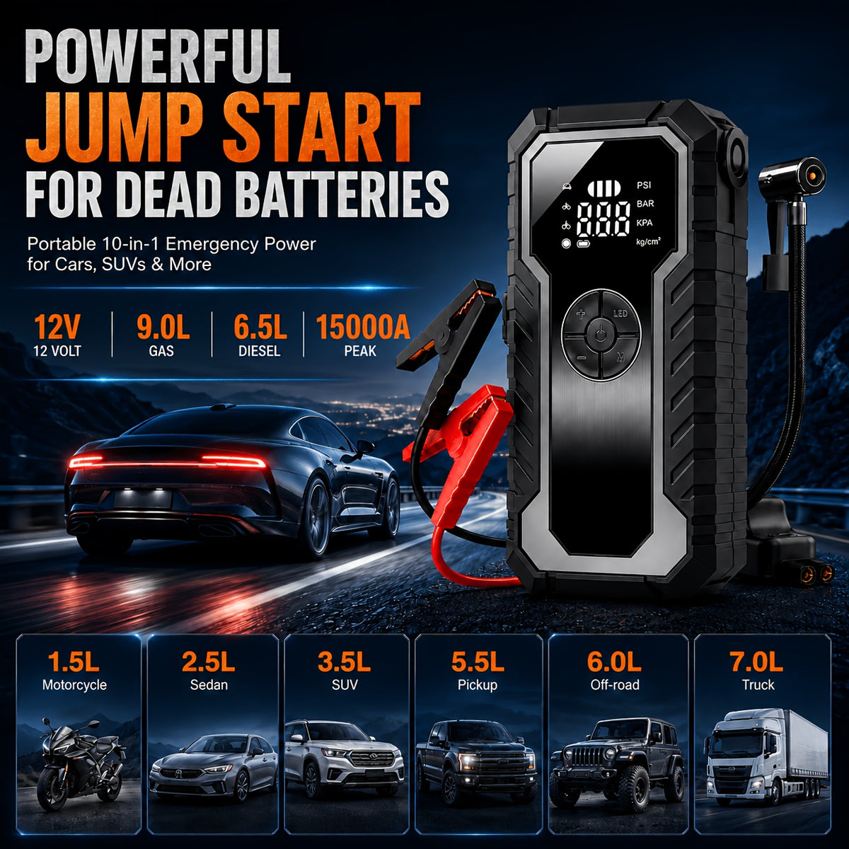 Portable Tire Inflator with Digital Pressure Gauge, Portable Air Compressor, 150PSI/210 PSI, 22 Cylinders, Built-In 12V Car Emergency Jump Starter and Battery - product image 8
