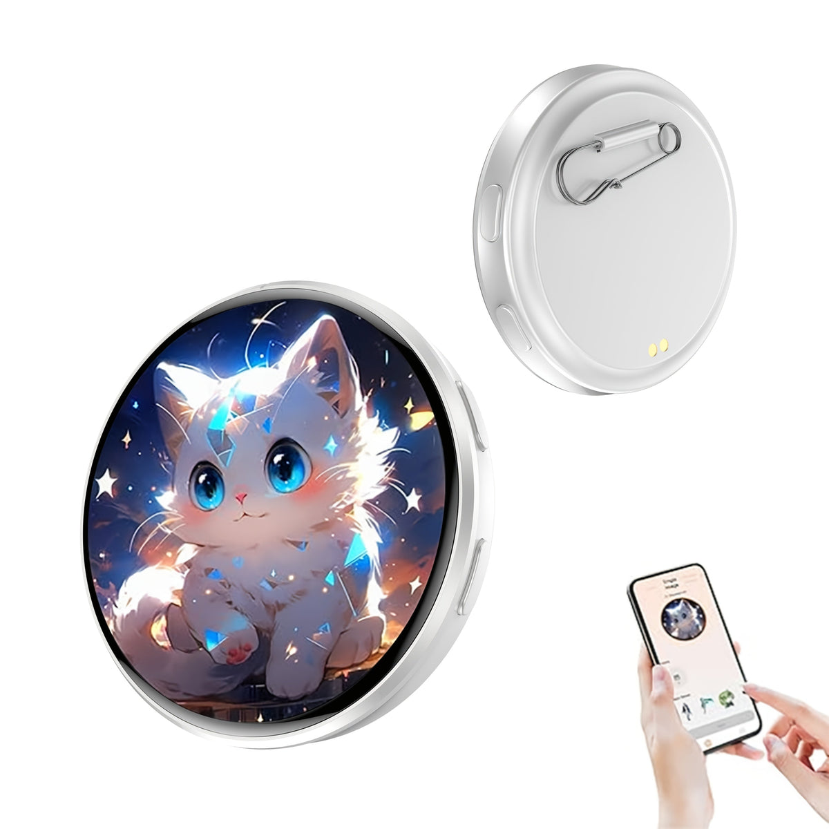 Electronic Anime Badge with Display Screen – Dynamic Touch, High Frame Rate, 600mAh Battery, Bluetooth 6.0 & USB Magnetic Charging – Black White Purple – Digital Brooch for Cosplay, Concerts & Anime Fans
