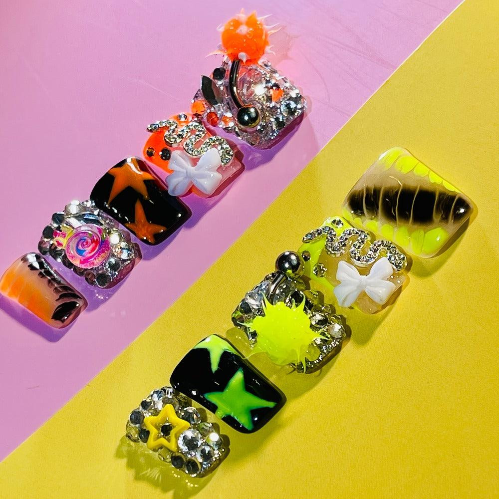 Y2K Duckbill Press On Nails Handmade 3D Charm – Nightmare Eye Barbell Rhinestone Strobe Gradient Star False Nails for Women Girls | Edgy Festival Party Nail Art | S M L Sizes Pink  - product image 11