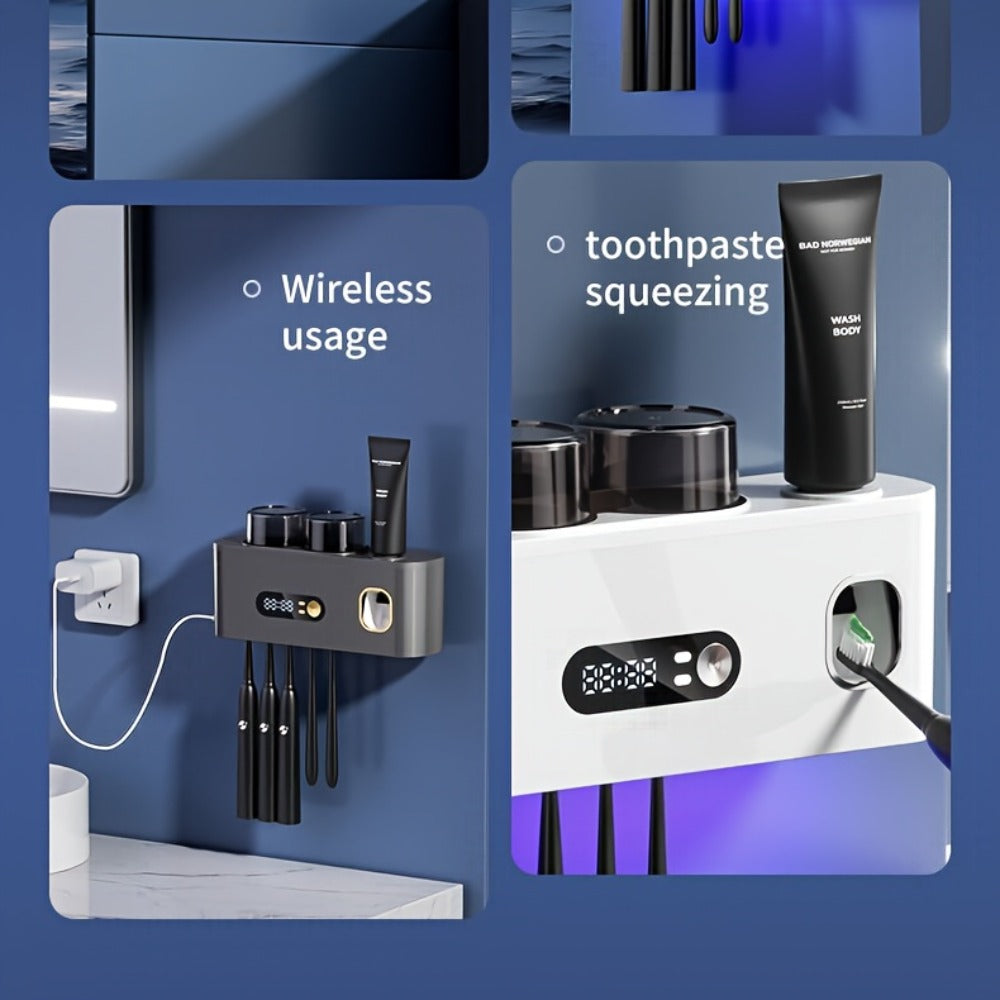 Toothbrush Holder with UV Sterilizer & Automatic Toothpaste Dispenser – 5-Slot Smart Bathroom Organizer with 2 Cups, USB Rechargeable, Clock Display, Durable Plastic Wall Mount for - product image 22