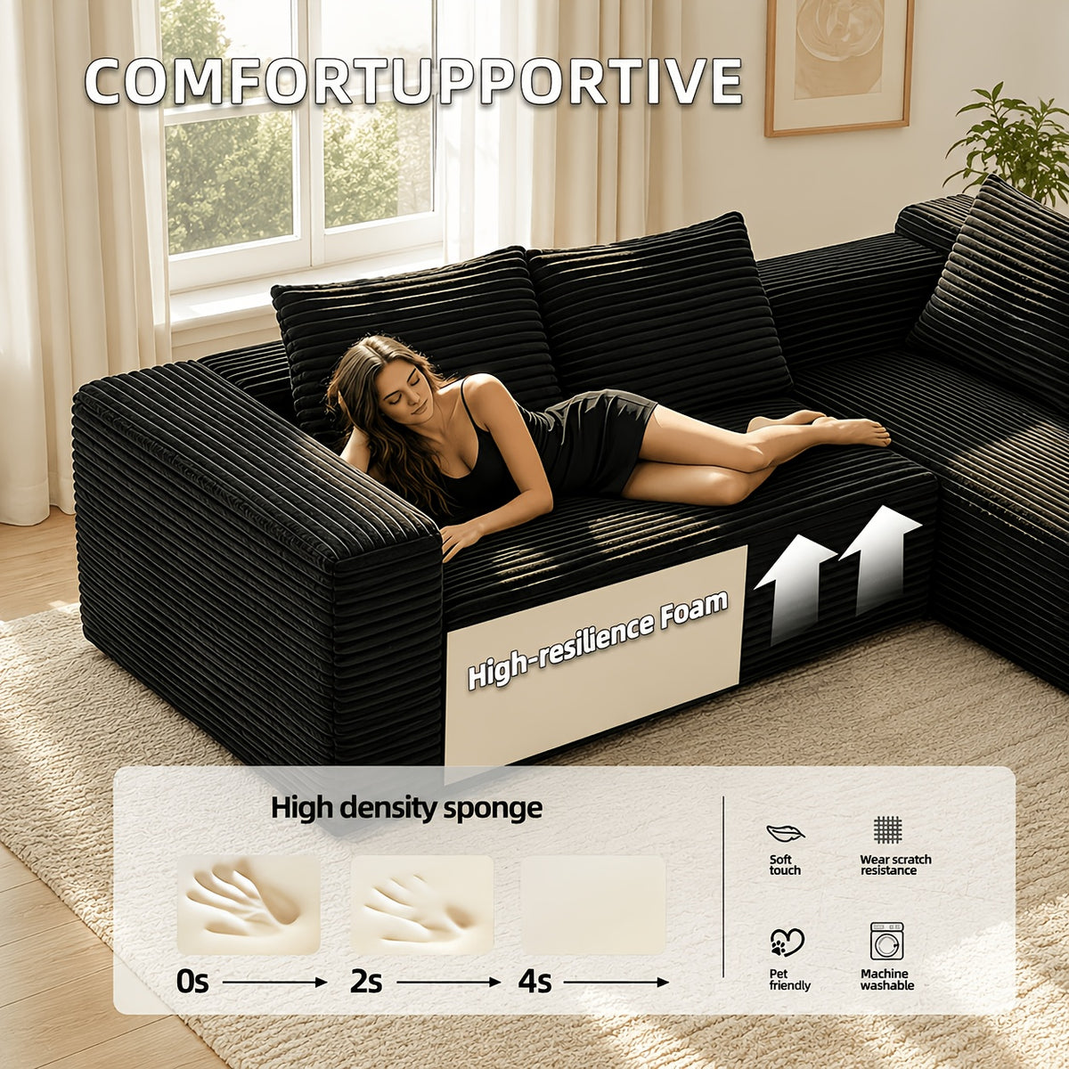 121.2" Oversized U-Shaped Corduroy Cloud Couch, 8-Seater Modular Sectional Sofa with Double Chaise, Boneless Deep Seat Convertible Couch, 4-In-1 Flexible Large Corner Sofa for Living Room, No Assembly