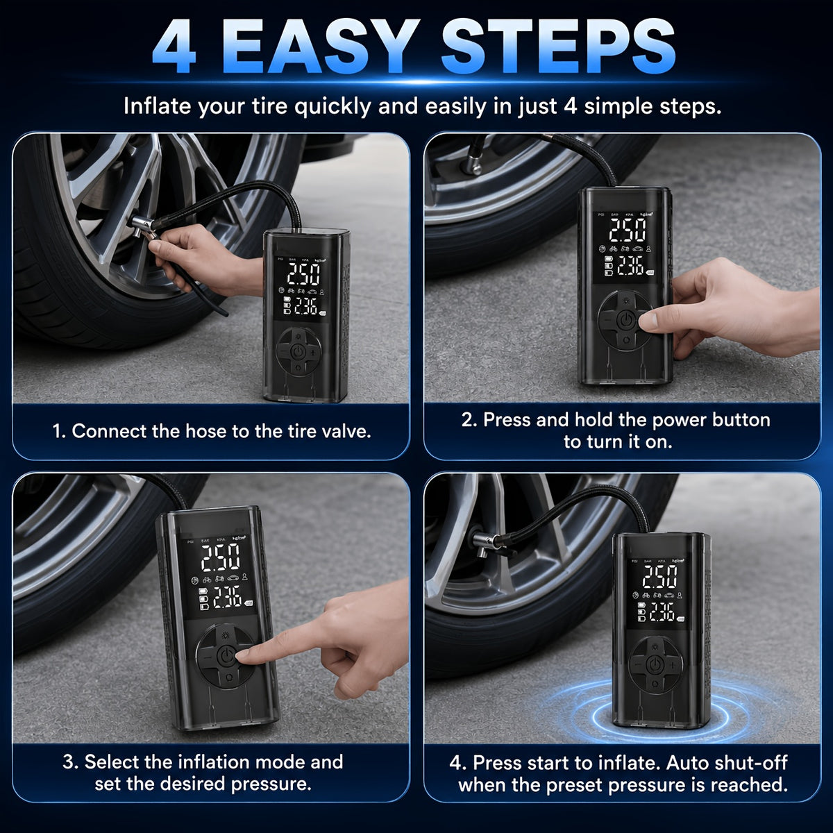 Portable Tire Inflator with Digital Pressure Gauge, Portable Air Compressor, 150PSI/210 PSI, 22 Cylinders, Built-In 12V Car Emergency Jump Starter and Battery - product image 35