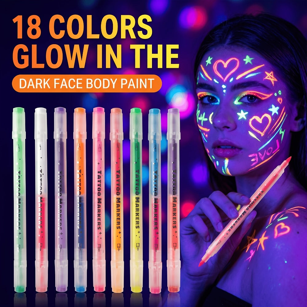 Face Body Paint Pens 18 Colors with Reusable Stencils – Washable Neon Glow in the Dark Skin-Safe Makeup Pens for Kids & Adults Parties Events Magic Shows Halloween Festivals Body A - product image