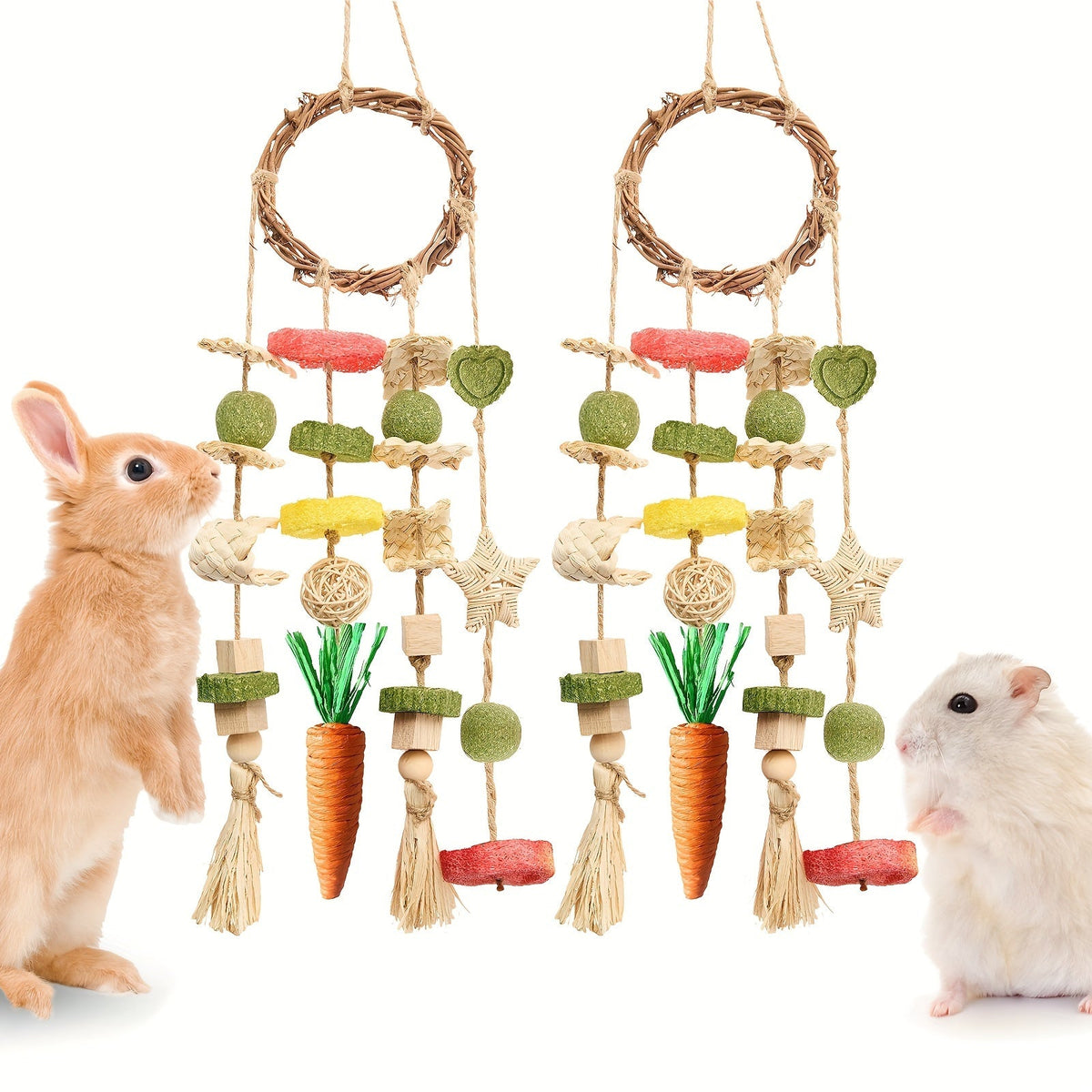 Small Animal Chew Toys 2 Pack | Teeth Grinding Enrichment Toy for Bunnies and Small Pets | Rattan Ring Hanging Cage Toys with Natural Snacks for Rabbits Guinea - product image