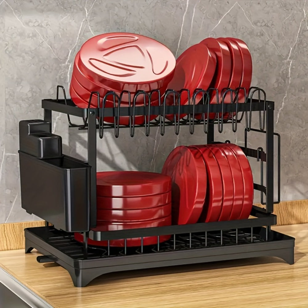 Dish Drying Rack 2 Tier with Drainboard for Kitchen Counter Metal Dish Drainer with Utensil Holder Cups Organizer Space Saving Kitchen Drying Rack Black White - product image 2