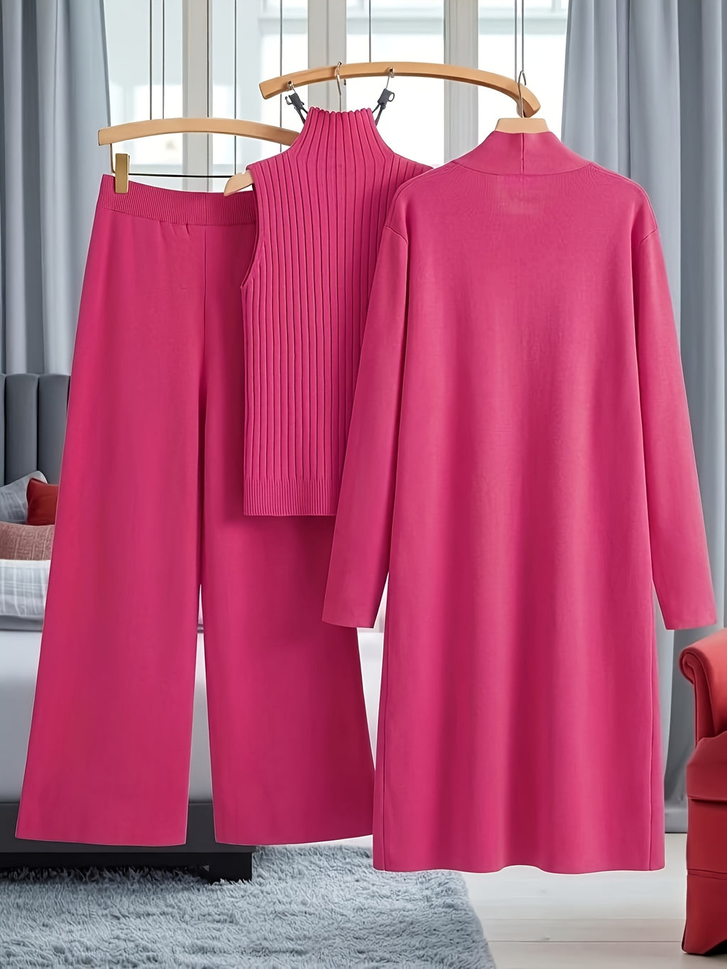 Genuine - Women's Autumn and Winter New Loose Set: Long Wide-Leg Pants + Shawl Cardigan + High-Collar Sweater Vest Fashion Three-Piece Set - product image 19