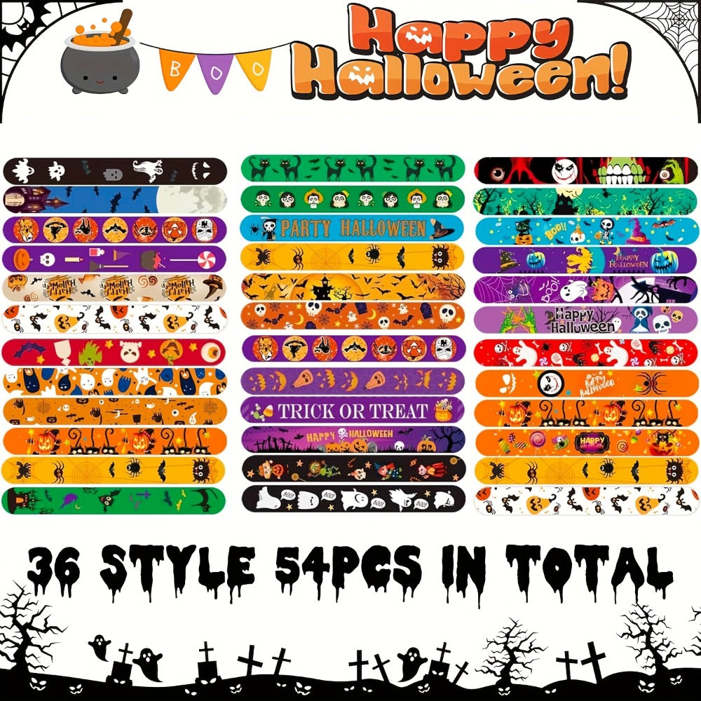 54/100PCS Halloween Party Favors for Boys & Girls, Spooky Treat Bag Stuffers, Classroom Goodie Gifts, Halloween Toy Accessories | Halloween Slap Bracelets Bulk for Kids