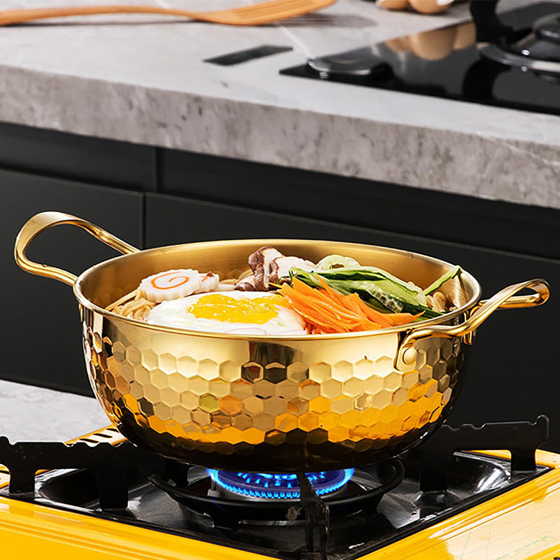 3-Piece Golden Stainless Steel Ramen Pot Set with Lids – Textured Surface Pots for Home Camping Outdoor Parties Picnics – Non-Stick Dishwasher Safe Cookware for Noodles Soups Curries