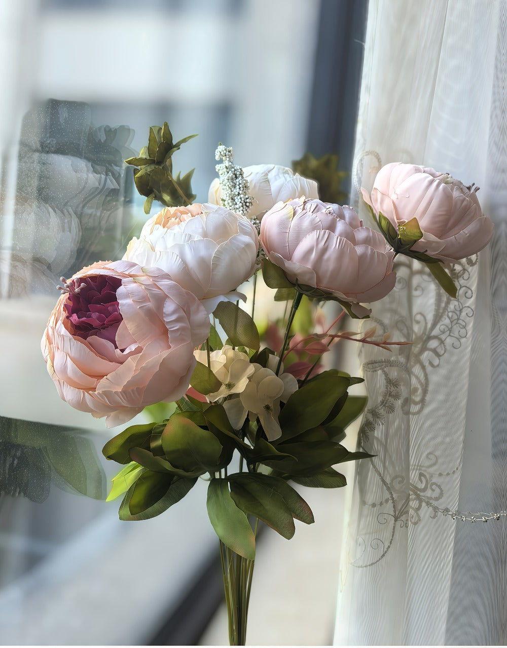 Faux Peonies Hydrangeas Artificial Flowers Vintage Silk Bouquet - Pink Green Mix Floral Centerpiece for Bridal Wedding Home Table Decor Rustic Farmhouse Arrangement - product image 14