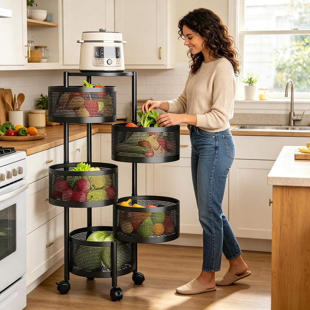 Rolling Storage Cart with Wheels 5-Tier 360° Rotating Kitchen Organizer Basket, No Assembly Space-Saving Floor Standing Bin for Kitchen Pantry Bathroom Bedroom Fruits Vegetables Ho - product image
